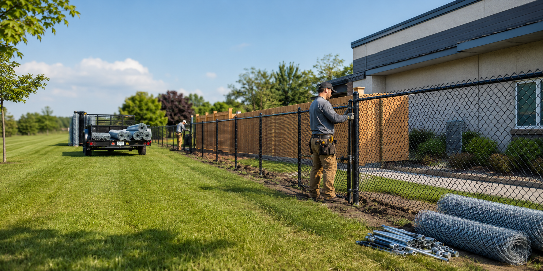 Fence installation crew working on a chain link fence in Michigan